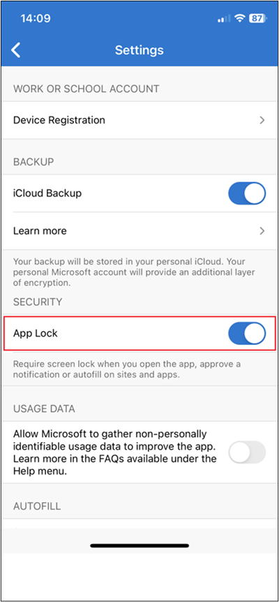 The Microsoft Authenticator app lock button